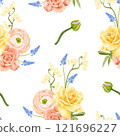 A seamless floral vector pattern with yellow roses, peach ranunculus, blue muscari, and soft pastel sweet pea blossoms on a white background. 121696227