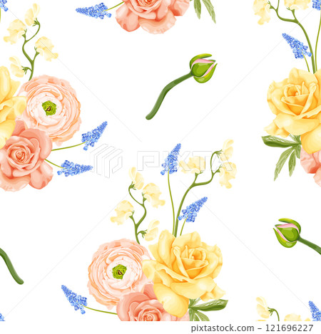 A seamless floral vector pattern with yellow roses, peach ranunculus, blue muscari, and soft pastel sweet pea blossoms on a white background. 121696227
