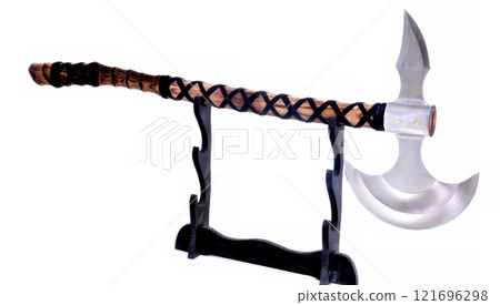 Double blade battle axe Isolated over white Double blade battle axe Isolated over white 121696298