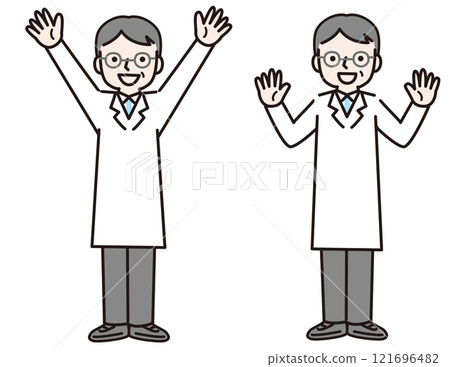 A man in a white coat smiling with both hands raised (full body): Illustration material A man in a white coat smiling with both hands raised (full body): Illustration material 121696482