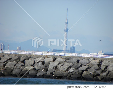 Sky Tree seen from Inagekaigan across Tokyo Bay 121696490