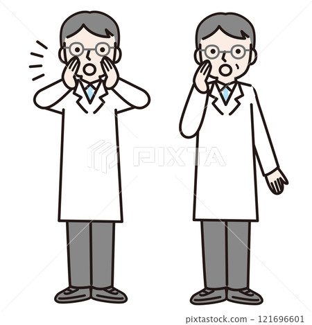 A man in a white coat calling out (whole body): Illustration material 121696601