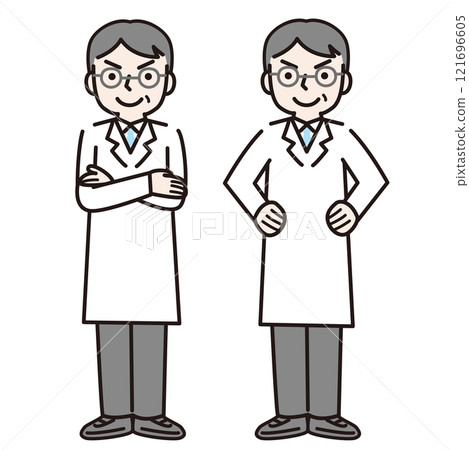 身穿白大褂、雙臂交叉的自信男子（全身）：插畫素材 121696605