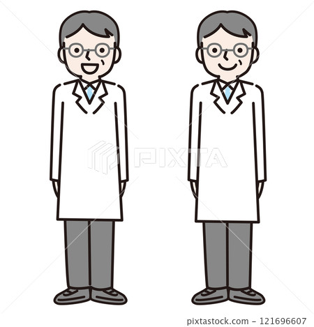 穿著白大褂的男人微笑著站直（全身）：插畫素材 121696607