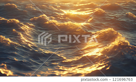 Golden Hour Light Fragmenting Across Ocean Waves Creating Amber Reflections 121696763