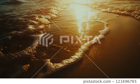Gentle Ocean Waves Meeting Sandy Shore Under Warm Golden Hour Light 121696765