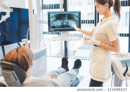 A young woman explaining the condition of her teeth using an X-ray 121696837
