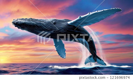 Whales illuminated by the setting sun 121696974
