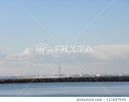 Sky Tree seen from Inagekaigan across Tokyo Bay 121697048