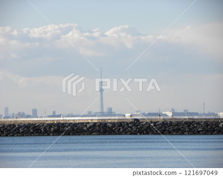 Sky Tree seen from Inagekaigan across Tokyo Bay 121697049