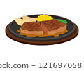 Illustration of steak served on a hot plate 121697058