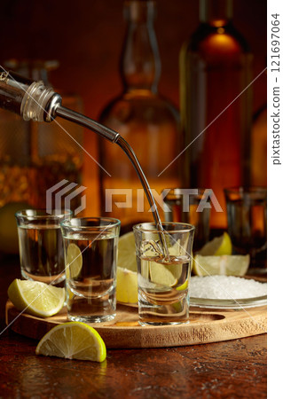 Gold tequila with salt and lime slices. 121697064