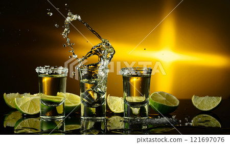 Gold tequila with sea salt and lime slices. 121697076