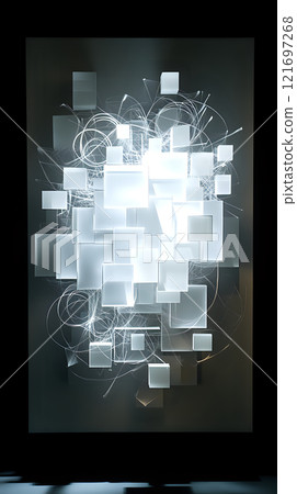 Intricate geometric abstraction with illuminated squares and energetic lines 121697268
