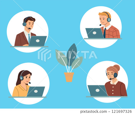 Icon set of Office workers in headphones with microphone. 121697326