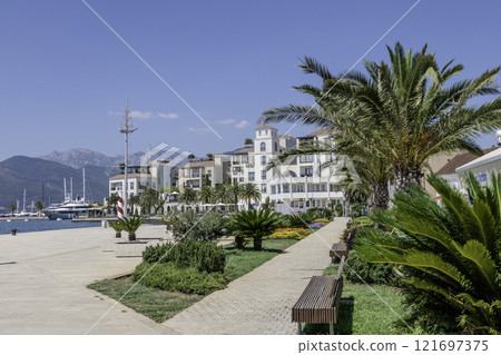 Montenegro, Porto Montenegro, Tivat, landscape of the port and its boats. 121697375
