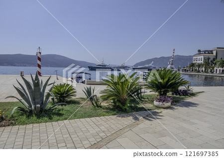 Montenegro, Porto Montenegro, Tivat, landscape of the port and its boats. 121697385