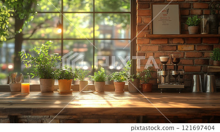 復古風格的咖啡館櫃檯，窗邊排列著室內植物 121697404