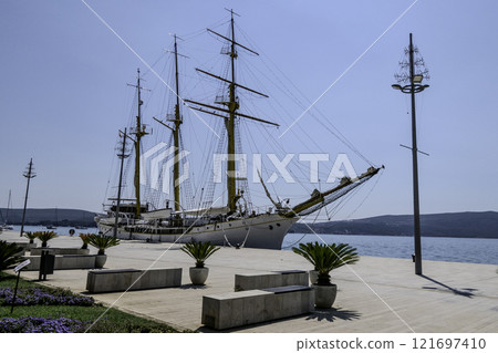 Montenegro, Porto Montenegro, Tivat, The training sailboat Jadran moored in Porto Montenegro. 121697410
