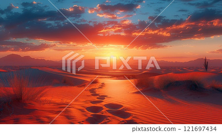Experience a stunning desert sunset with vivid colors and a serene landscape that captivates 121697434