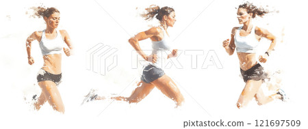 一個女人精力充沛地跑步的白色背景插圖 121697509