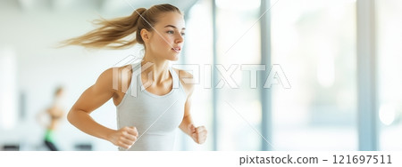 在健身房跑步的女人的健康之美 121697511