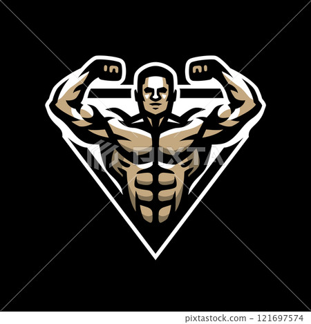 Bodybuilder logo. Double biceps on a dark background. Bodybuilder logo. Double biceps on a dark background. 121697574