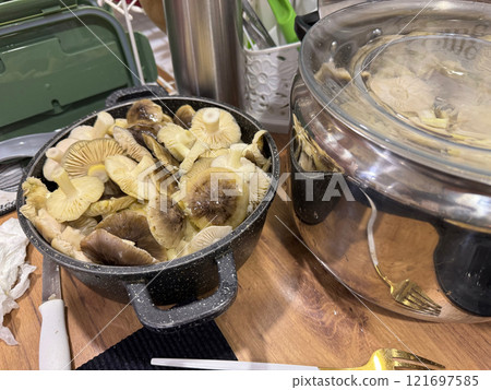 Clean and washed mushrooms in a dish. They are placed next to the stove for cooking. Mushrooms Tricholoma Portentosum Clean and washed mushrooms in a dish. They are placed next to the stove for cooking. Mushrooms Tricholoma Portentosum 121697585