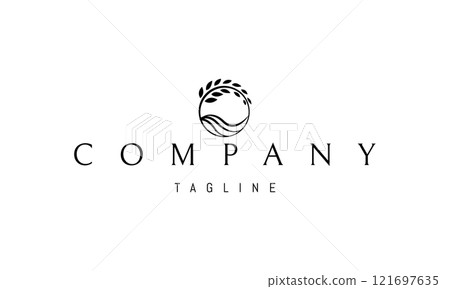 Vector logo with an abstract image of a farmers field with a wheat ear. Vector logo with an abstract image of a farmers field with a wheat ear. 121697635