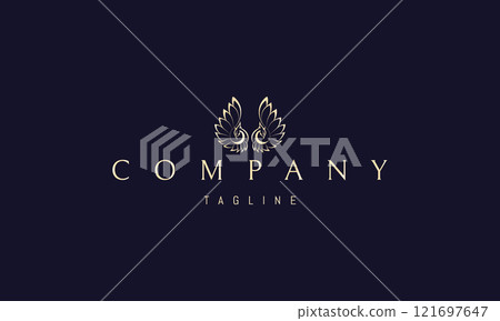Vector golden logo with an abstract image of two birds with raised wings. Vector golden logo with an abstract image of two birds with raised wings. 121697647