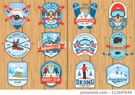 Set of Ice Hockey club, ski and Snowboard Club sport retro badge, patch with ski glasses, hockey player, sticker, puck, skeleton, winter sport hat, skate, helmet, snowboarder and mountain. Set of Ice Hockey club, ski and Snowboard Club sport retro badge, patch with ski glasses, hockey player, sticker, puck, skeleton, winter sport hat, skate, helmet, snowboarder and mountain. 121697649