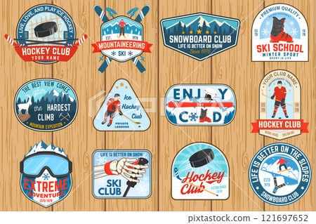 Set of Ice Hockey club, ski and Snowboard Club sport retro badge, patch with ski glasses, hockey player, sticker, puck, skeleton, winter sport hat, skate, helmet, snowboarder and mountain. Set of Ice Hockey club, ski and Snowboard Club sport retro badge, patch with ski glasses, hockey player, sticker, puck, skeleton, winter sport hat, skate, helmet, snowboarder and mountain. 121697652