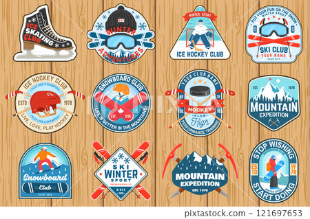 Set of Ice Hockey club, ski and Snowboard Club sport retro badge, patch with ski glasses, hockey player, sticker, puck, winter sport hat, ice skate, helmet, snowboarder and mountain. Set of Ice Hockey club, ski and Snowboard Club sport retro badge, patch with ski glasses, hockey player, sticker, puck, winter sport hat, ice skate, helmet, snowboarder and mountain. 121697653
