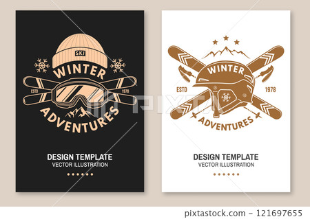 Set of ski winter sport flyer, poster, banner with ski, ski glasses, ski poles, helmet, mountain. Family vacation, activity or travel. For logo design, patches. Vector 121697655
