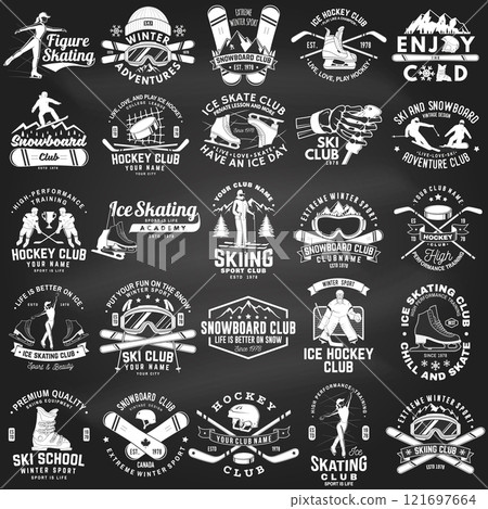 Ski, Ice Skate, Hockey and Snowboard Club emblem on the chalkboard. Vector. Vintage typography design with snowboarder, skate, skates blades and skier silhouette. Winter sport Ski, Ice Skate, Hockey and Snowboard Club emblem on the chalkboard. Vector. Vintage typography design with snowboarder, skate, skates blades and skier silhouette. Winter sport 121697664