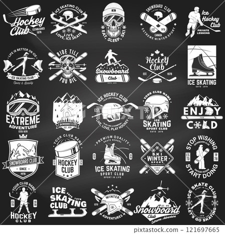 Ski, Ice Skate, Hockey and Snowboard Club emblem on the chalkboard. Vector. Vintage typography design with snowboarder, skate, skates blades and skier silhouette. Winter sport 121697665