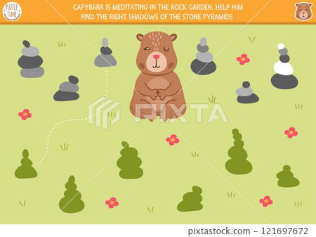 Capybara shadow matching activity with stone pyramids and their shadows on the grass. Capibara shape recognition puzzle with cute meditating animal. Find correct silhouette printable worksheet, game Capybara shadow matching activity with stone pyramids and their shadows on the grass. Capibara shape recognition puzzle with cute meditating animal. Find correct silhouette printable worksheet, game 121697672