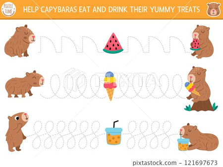 Vector capybara handwriting practice worksheet. Capibara printable colored activity for preschool children with cute animals. Tracing game for writing skills. Fun page with yummy food, drink Vector capybara handwriting practice worksheet. Capibara printable colored activity for preschool children with cute animals. Tracing game for writing skills. Fun page with yummy food, drink 121697673