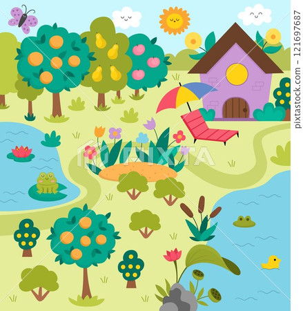 Vector landscape illustration with purple house, meadow, garden or orchard, pond. Cute vertical nature scenery with adorable cottage. Funny scene with home, clearing with flowers, sun, blue sky Vector landscape illustration with purple house, meadow, garden or orchard, pond. Cute vertical nature scenery with adorable cottage. Funny scene with home, clearing with flowers, sun, blue sky 121697687