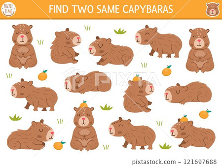 Find two same capybaras. Capibara matching activity for children. Educational quiz worksheet for kids for attention skills. Simple printable game with cute brown animals Find two same capybaras. Capibara matching activity for children. Educational quiz worksheet for kids for attention skills. Simple printable game with cute brown animals 121697688