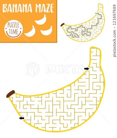 Fruit geometrical maze for kids. Preschool printable activity shaped as banana. Capybara food labyrinth game or puzzle for children Fruit geometrical maze for kids. Preschool printable activity shaped as banana. Capybara food labyrinth game or puzzle for children 121697689