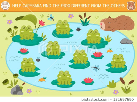 Find different frog in the pond. Capibara matching activity for children. Educational quiz worksheet for kids for attention skills. Simple printable game with cute capybara searching for toad Find different frog in the pond. Capibara matching activity for children. Educational quiz worksheet for kids for attention skills. Simple printable game with cute capybara searching for toad 121697690