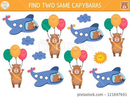 Find two same capybaras. Capibara matching activity for children. Educational quiz worksheet for kids for attention skills. Simple printable game with animals flying on plane and balloons Find two same capybaras. Capibara matching activity for children. Educational quiz worksheet for kids for attention skills. Simple printable game with animals flying on plane and balloons 121697691