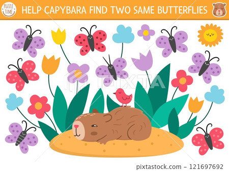 Find two same butterflies. Capybara matching activity for children. Educational quiz worksheet for kids for attention skills. Printable game with cute capibara looking for insects in flower garden 121697692
