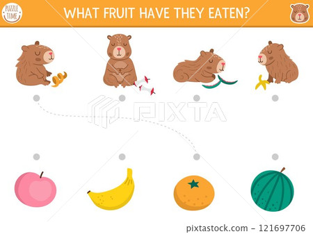 Capybara matching activity with cute animals and fruit waste. Capibara puzzle with apple, banana, orange, watermelon. Match the objects game. Feed the animals printable worksheet 121697706