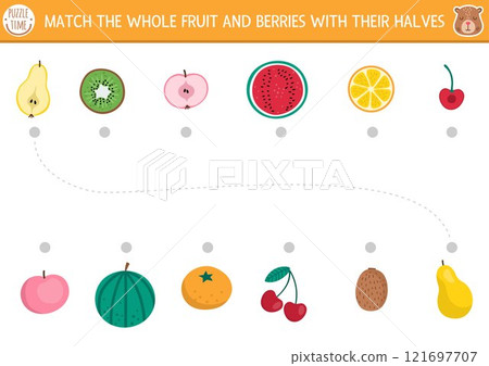 Capybara matching activity with whole fruit and berry and their halves. Capibara food puzzle with apple, pear, orange, watermelon. Match the objects game. Healthy eating printable worksheet 121697707
