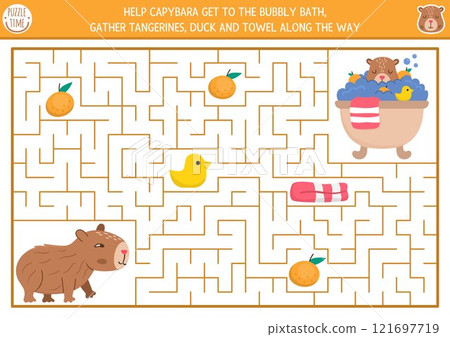 Fun maze for kids with capybara going to the bathtub with duck, towel, tangerine. Capibara preschool printable activity. Geometric labyrinth game, puzzle with cute animal, bath tub Fun maze for kids with capybara going to the bathtub with duck, towel, tangerine. Capibara preschool printable activity. Geometric labyrinth game, puzzle with cute animal, bath tub 121697719