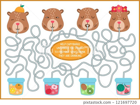 Fun maze for kids with capybaras drinking bubble tea. Capibara preschool printable activity. Labyrinth game or puzzle with cute animals, fruit drinks. Untangle the straws worksheet 121697720