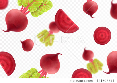 Flying beet. Falling beetroots, whole and slices isolated on transparent background, selective focus. Realistic 3d vector illustration 121697741