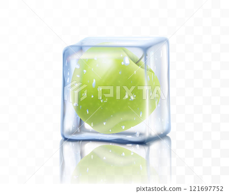 Fresh ripe apple in ice cube isolated on transparent background. Frozen green apple, realistic 3d vector illustration Fresh ripe apple in ice cube isolated on transparent background. Frozen green apple, realistic 3d vector illustration 121697752